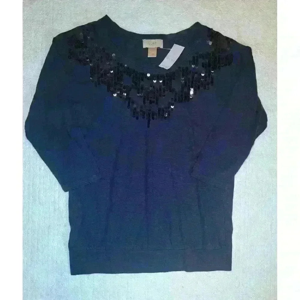 NWT Loft By Ann Taylor Navy Sequin Shirt Top Blouse XS Petite XSP  3/4 Sleeve